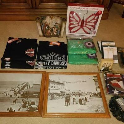 #9546 • Misc Items, Includes 3 New Harley Shirts, 2 Kites, 2 Historic Huntington Beach Photos, And More