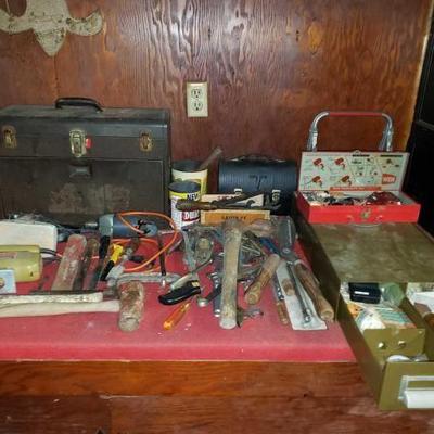 #8592 â€¢ Various Tools- Includes Toolboxes, Saws, Pick Axe, Wrenches, Amd More
