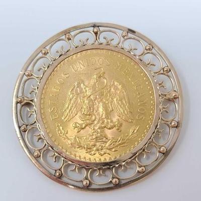 #520 • 14k Gold Pin with 1821-1924 .900 Gold 50 Pesos Coin , 54.1g

