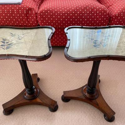 Most unusual pair of tables with silk textile