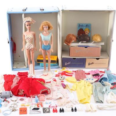 Vtg Barbie & Midge Dolls, clothes, & case- minty!