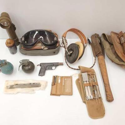 #2212 â€¢ Aircraft Peice from WW1 France 1981, Flaslight, 2 Hand Grenades, US Army Receiver, Lenses B-8 flying Goggle, Shovel,...

