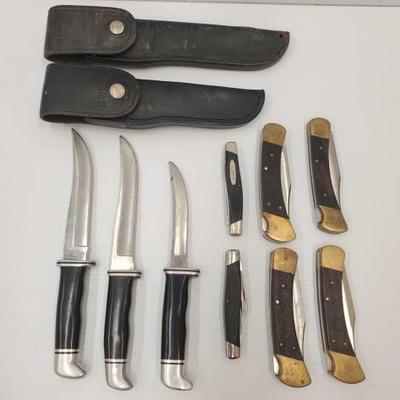 #2036 â€¢ 3 Buck Knifes with Sheaths and 6 Buck Pocket Knifes
