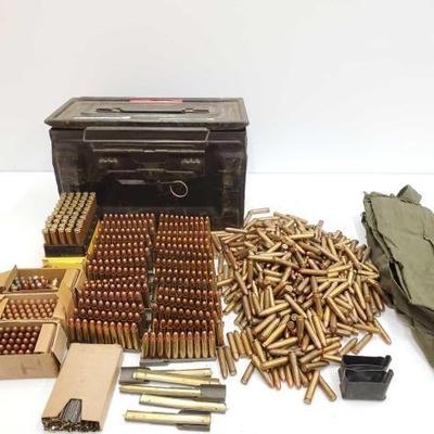 #1510 â€¢ Aprox 883 Rounds of 30 Carb. Ammo, Ammo Belt and Stripper Clips
