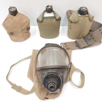 #2220 â€¢ 3 Vintage Military Canteens and Noncombatant Gas Mask
