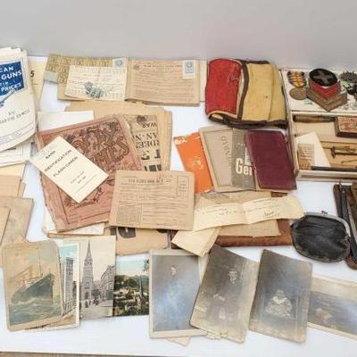 #2216 â€¢ War Ration Books and Tickets, War Patches, Antique sewing Kit, Post Cards, US Army Cantonment Camp Photo, Anti...
