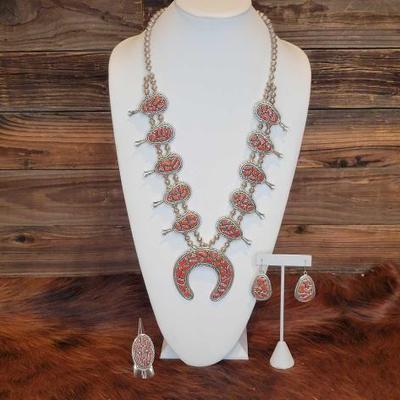 #502 â€¢ Native American Sterling Silver Coral Set, 254g
