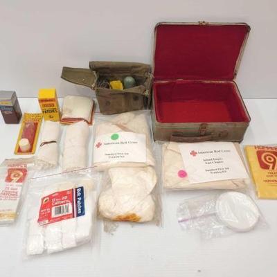 #2218 â€¢ First Aid Box, Snake Bite Kit, Gun Cleaning Patches, Goss, Gun Cloth, (2) American Red Cross First Aid Training Kit
