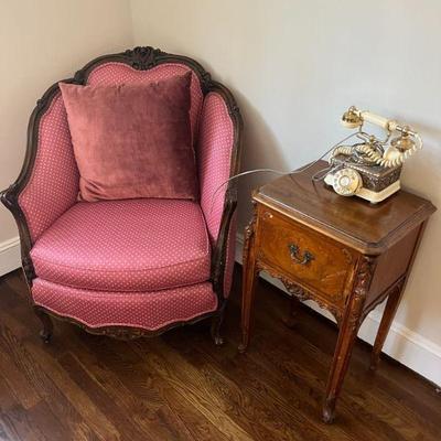 FRENCH CHAIRS, END TABLE AND PHONE