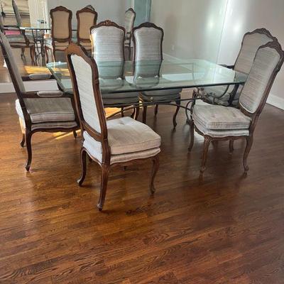 STEEL AND BEVELED GLASS TABLE WITH 6 SILK TUFTED FRENCH CHAIRS