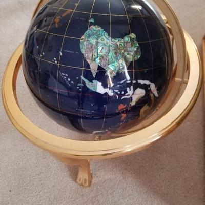 Large lapiz globe inlaid with mother of pearl & hardstones on brass stand