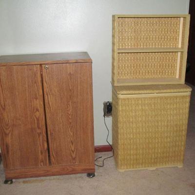 DVD/VHS/CD cabinet; clothes hamper with matching shelves