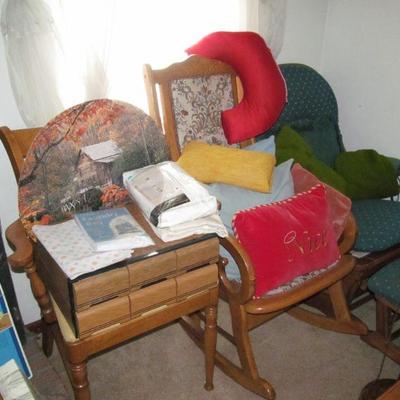 glider rocking chair w/foot stool; rocking chair; chairs; pillows; cassette tape storage drawers