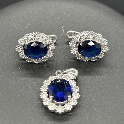 925 Silver w/ Blue Sapphire & Diamonds Pendant & Earrings Set

