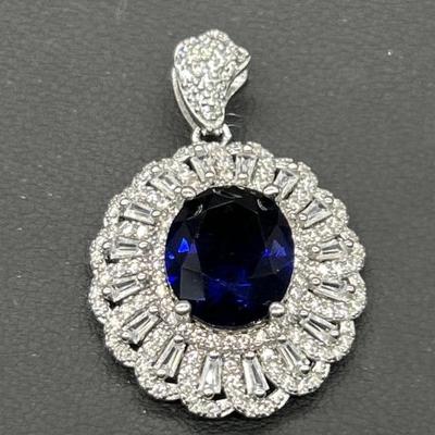 925 Silver w/ Blue Sapphire & Diamonds Pendant