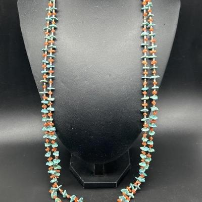 Turquoise & Coral Native American 32in Necklace