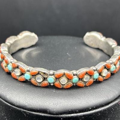 925 Silver w/ Turquoise, Coral, & Moonstone Cuff