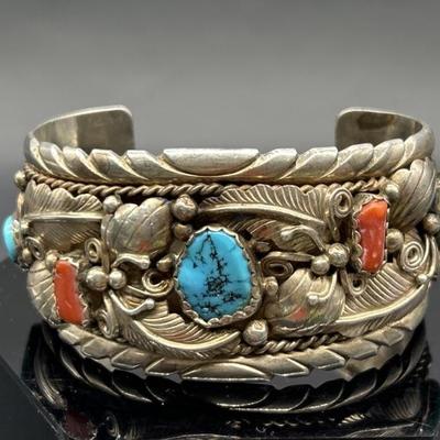 925 Silver, Turquoise and Coral Cuff Bracelet