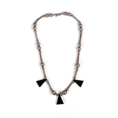 MEXICAN STERLING & ONYX NECKLACE | Sterling silver beaded necklace with three triangular onyx beads, stamped on the clasp, 