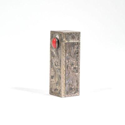 ENGRAVED SILVER & CORAL COMPACT | 800 silver lipstick compact with engraved decoration, sliding lipstick tube with a spring-loaded...