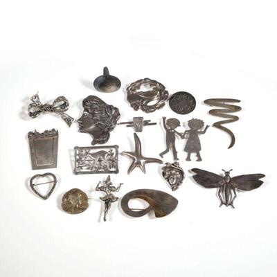 (17pc) STERLING SILVER PINS & MISC | Pins and brooches marked (or tested to) sterling silver, including: a sterling and 14k yellow...
