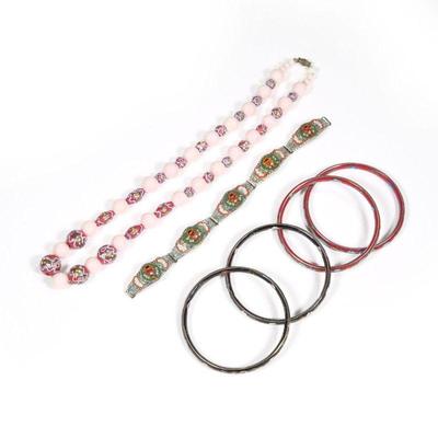 (6pc) CLOISONNE & OTHER JEWELRY | Including a set of four Chinese cloisonne bangle bracelets (dia, 3 in.), two with red ground and...