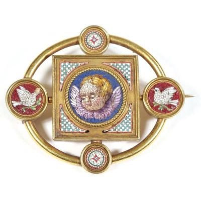 ANTIQUE GOLD MICROMOSAIC PIN | Designed as a central square gold frame mounting a micromosaic winged putti in tondo within an oval gold...