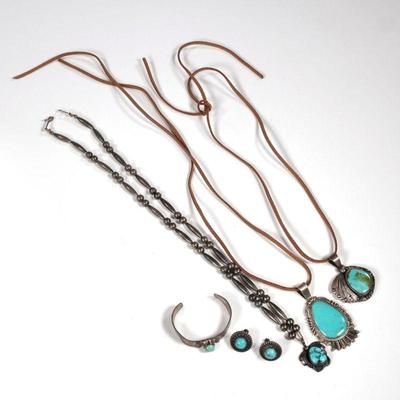 (6pc) NATIVE AMERICAN STERLING JEWELRY | Sterling silver and turquoise jewelry, including: a child's cuff bracelet with engraved...