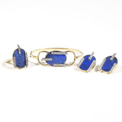 (4pc) LAPIS LAZULI, DIAMOND & GOLD PARURE | Comprising a bracelet, ring, and pair of earrings; having oval plaques of lapis lazuli...