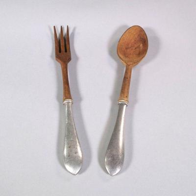 PAIR WHITING STERLING HANDLE SALAD SERVERS | Carved wood with sterling silver handles each signed - l. 11 in.
