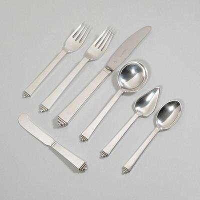 GEORG JENSEN PYRAMID PATTERN STERLING SILVER FLATWARE | Service for twelve (12) comprising; 12 dinner forks (7.25 in.), 12 dinner knives,...