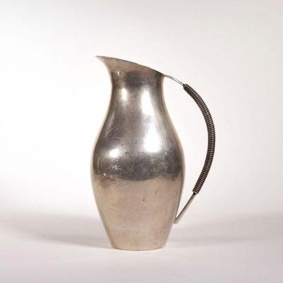 J.R. MEXICAN STERLING SILVER PITCHER | A JR Mexican sterling silver mid-century pitcher with coil handle, impressed with JR mark, 