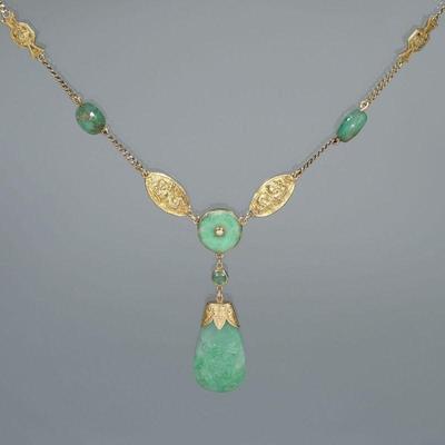 CHINESE JADE & 14K GOLD DROP NECKLACE | Designed as an early 14k gold chain with 2 stations of jade beads, 2 stations of chased gold...