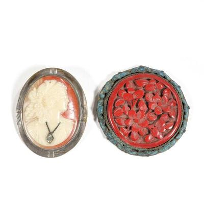 (2pc) ANTIQUE PENDANTS | Including a shell-carved cameo of a lady wearing a necklace with a melee diamond, no apparent markings (42 x...