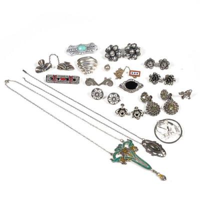 MISC. STERLING JEWELRY | Including an art nouveau enameled sterling pendant necklace, an onyx and silver "BOMA" pin, a sterling...