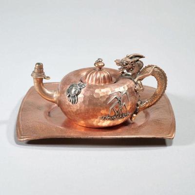GORHAM DRAGON COPPER & APPLIED METALS CIGAR LIGHTER | Designed as a hammered teapot-form cigar lighter with chased dragon form handle and...