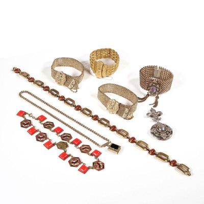 (8pc) MISC. ANTIQUE JEWELRY | Including a German carnelian and gold-tone necklace, signed (l. 15.5 in.), a red enameled link necklace, a...
