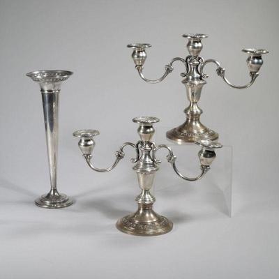 (3pc) GORHAM & OTHER WEIGHTED STERLING | Including a pair of Gorham weighted reinforced candelabras (h. 8.5 x 12 x 4.5 in.) and a...