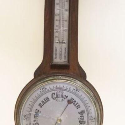 1090	ANTIQUE ENGLISH WALL BAROMETER & THERMOMETER W/PRESENTATION PLAQUE, APPROXIMATELY 31 IN HIGH
