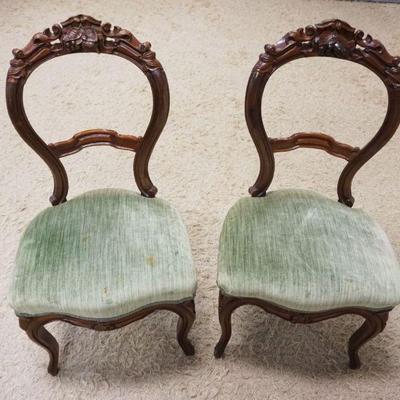 1199	PAIR OF WALNUT VICTORIAN BALLOON BACK SIDE CHAIRS W/UPHOLSTERED SEATS & FRUIT CARVED CREST, SOME STAINING ON UPHOLSTERY
