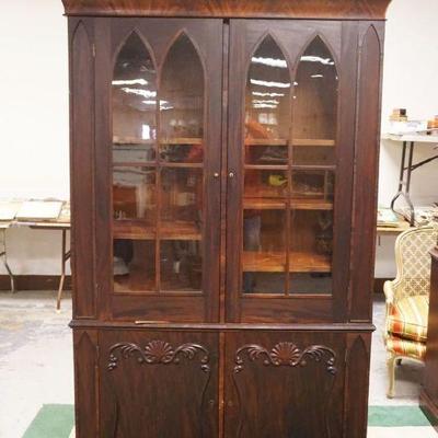 1166	ANTIQUE MAHOGANY GOTHIC STYLE 4 DOOR CABINET, APPROXIMATELY 53 IN X 17 IN X 87 IN HIGH
