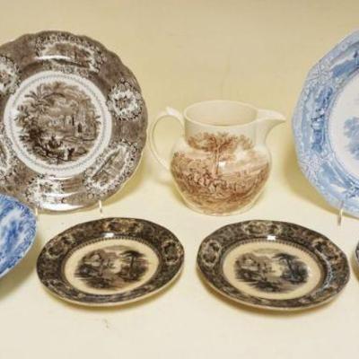 1068	GROUP OF ASSORTED ANTIQUE IRONSTONE TRANSFERWARE, LARGEST PLATE APPROXIMATELY 11 IN
