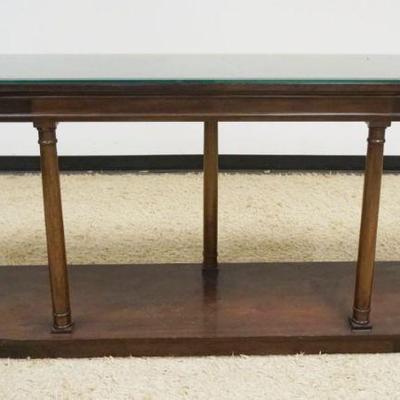 1202	GLASS TOP CONSOLE HALL ENTRY TABLE, FINISH WORN, APPROXIMATELY 84 IN X 20 IN X 34 IN HIGH
