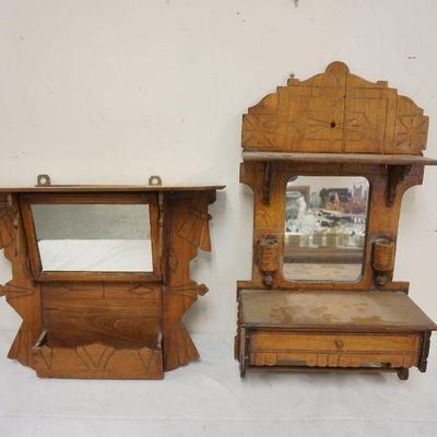 1128	2 ANTIQUE OAK VICTORIAN HANGIN MIRRORS W/SHLEF & ONE DRAWER, TALLEST APPROXIMATELY 26 IN HIGH
