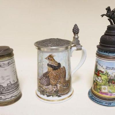 1105	GROUP OF 3 CONTEMPORARY PORCELAIN STEINS, ONE GERMAN REGIMENTAL W/LITHOPHANE BASE, TALLEST  APPROXIMATELY 12 IN
