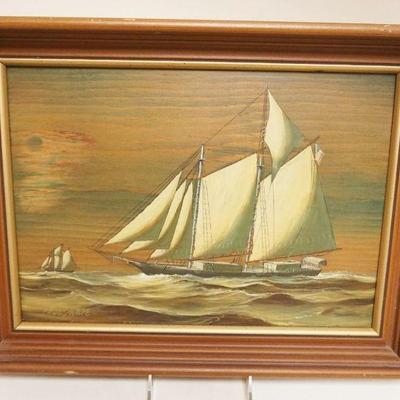 1232	CONTEMPORARY OIL PAINTING ON BOARD *WORKADAY SCHOONER* ARTIST SIGNED FORBES-WOLFE, APPROXIMATELY 13 IN X 17 IN OVERALL
