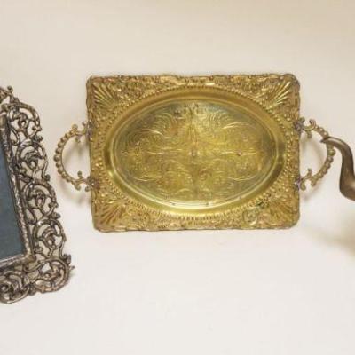 1003	GROUP OF ASSORTED ORNATE BRASS ITEMS INCLUDING APPROXIMATELY 17 IN X 10 IN TRAY, TEAPOT & FRAME
