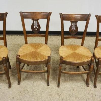 1169	SET OF 4 FRENCH PROVINCIAL RUSH SEAT CHAIRS W/CARVED LYRE SPLATS
