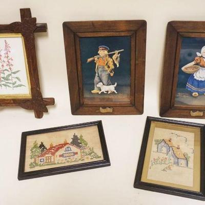 1022	GROUP OF ASSORTED ANTIQUE MINIATURE FRAMES W/DUTCH THEME & NEEDLEPOINT, LARGEST APPROXIMATELY 11 IN X 9 IN
