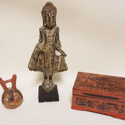 1238	3 PIECE LOT W/CARVED WOOD ASIAN FIGURE, LACQUERED BOX, & POTTERY SCULPTURE, TALLEST APPROXIMATELY 18 IN
